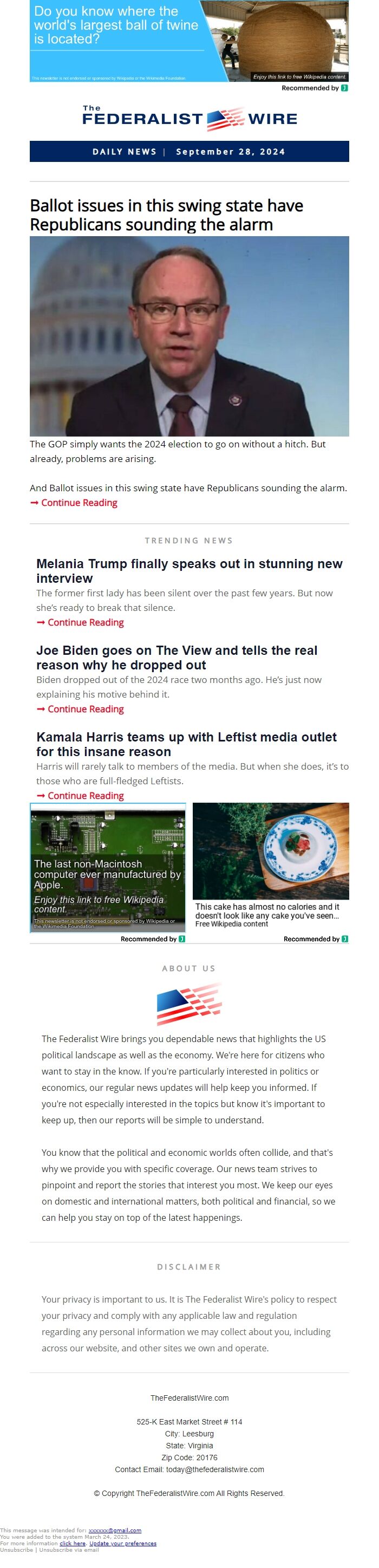 Screenshot of the email generated on import