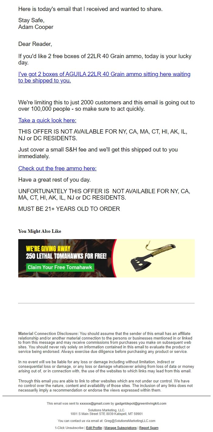 Screenshot of the email generated on import