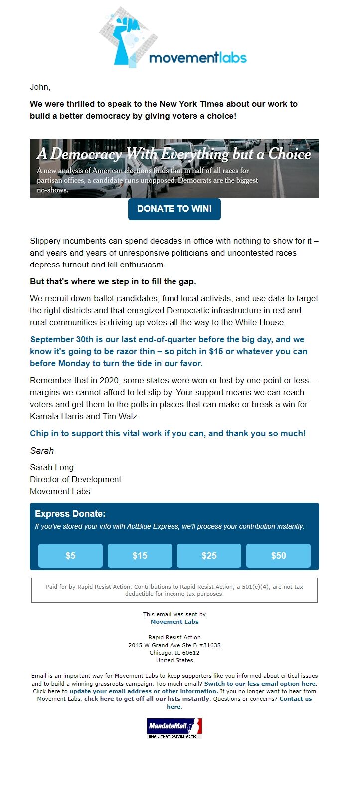Screenshot of the email generated on import