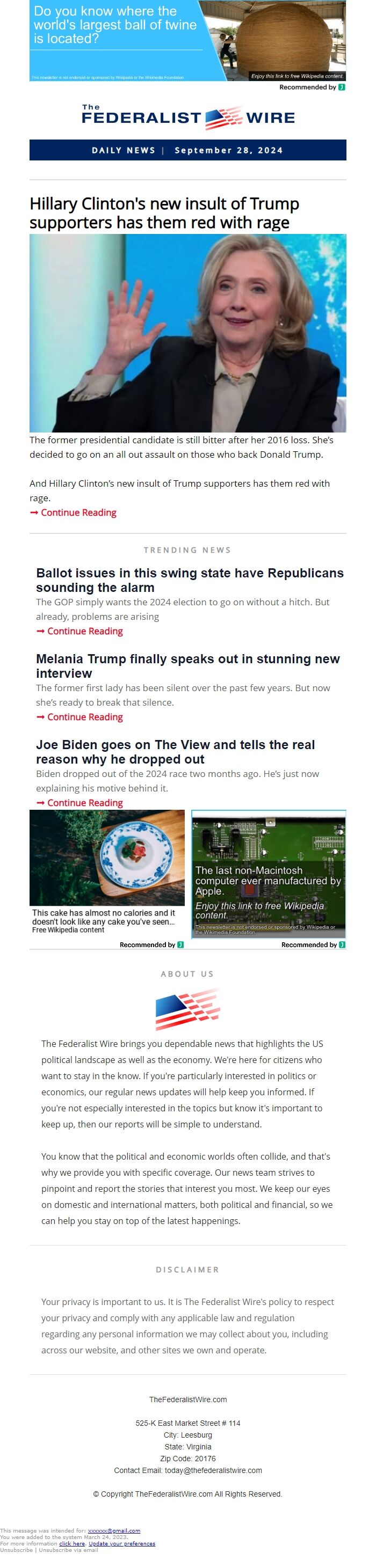 Screenshot of the email generated on import