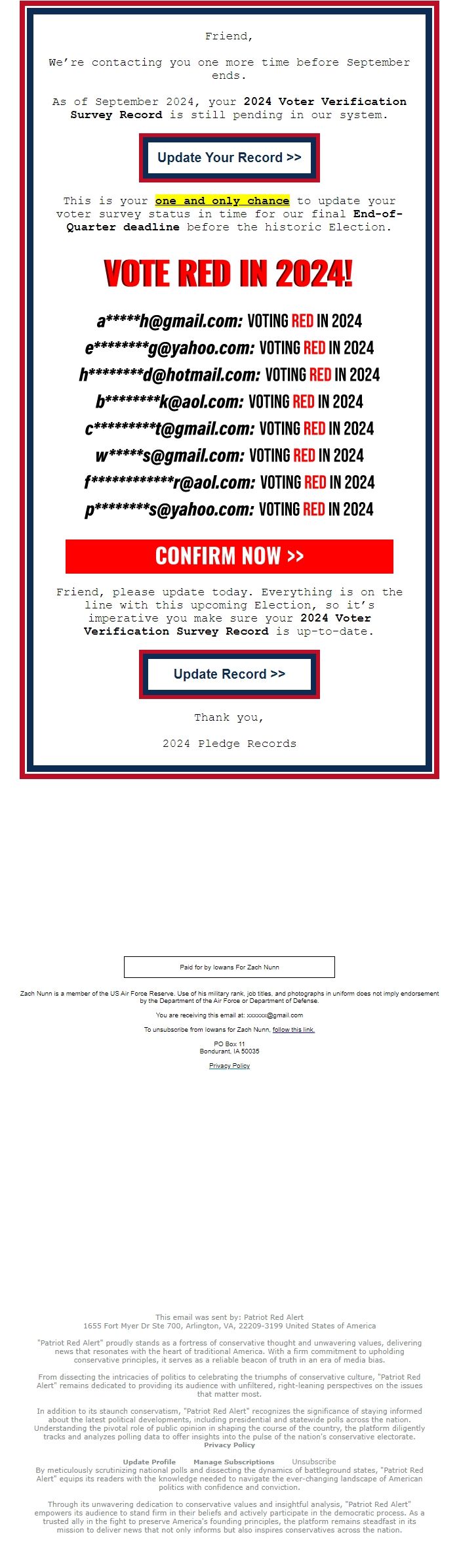 Screenshot of the email generated on import