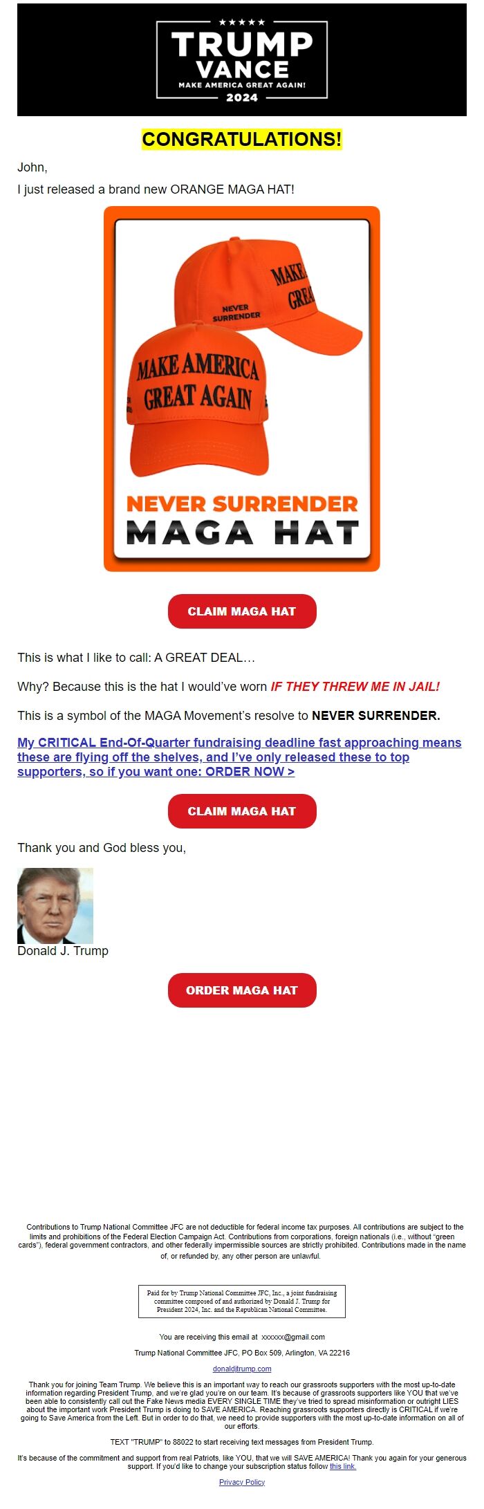 Screenshot of the email generated on import