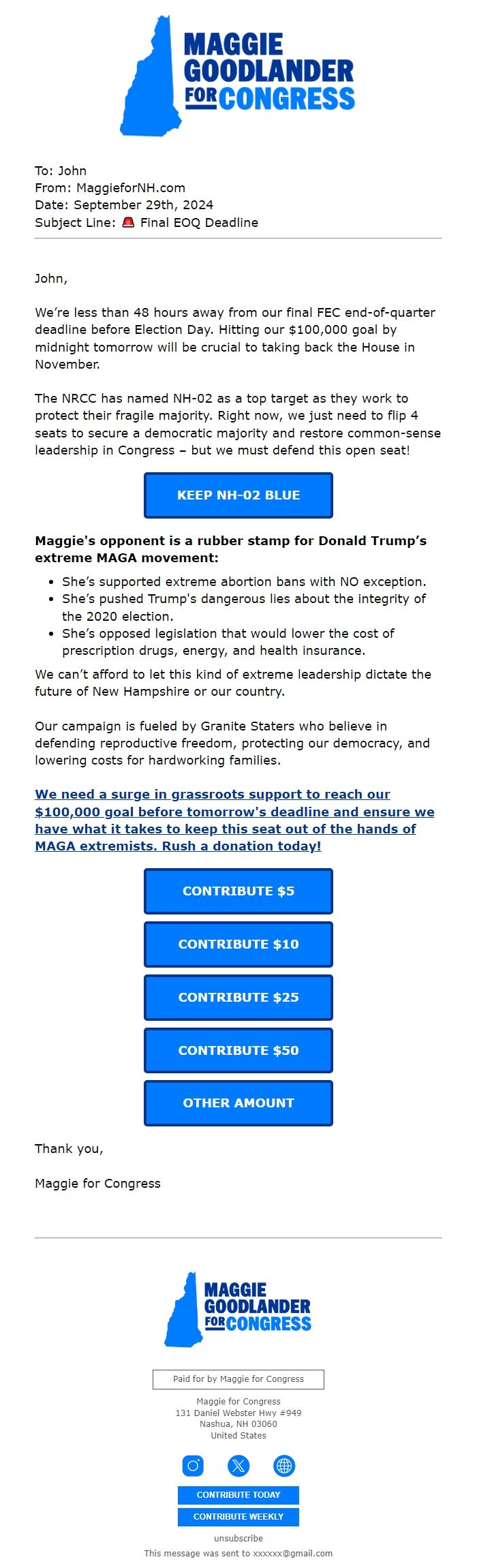 Screenshot of the email generated on import
