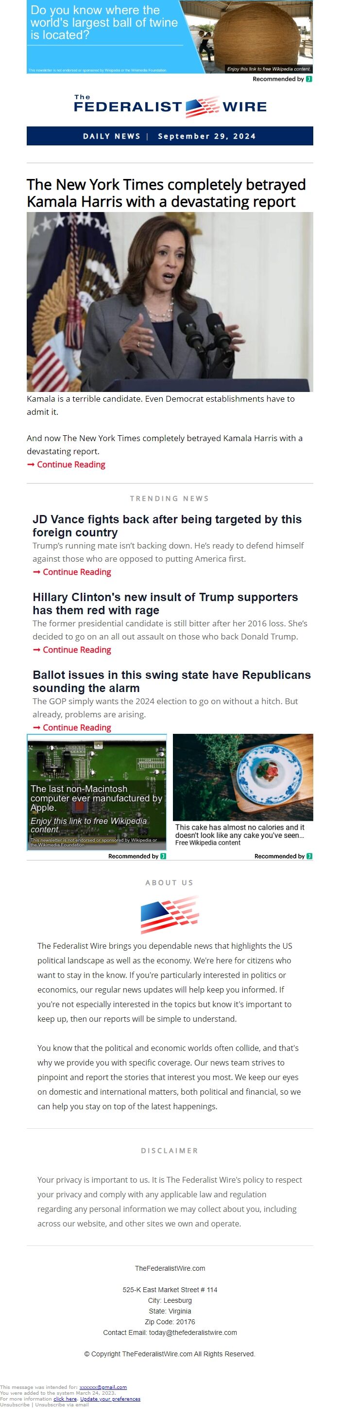 Screenshot of the email generated on import