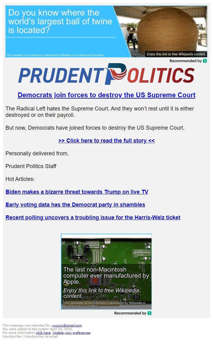 Screenshot of the email generated on import