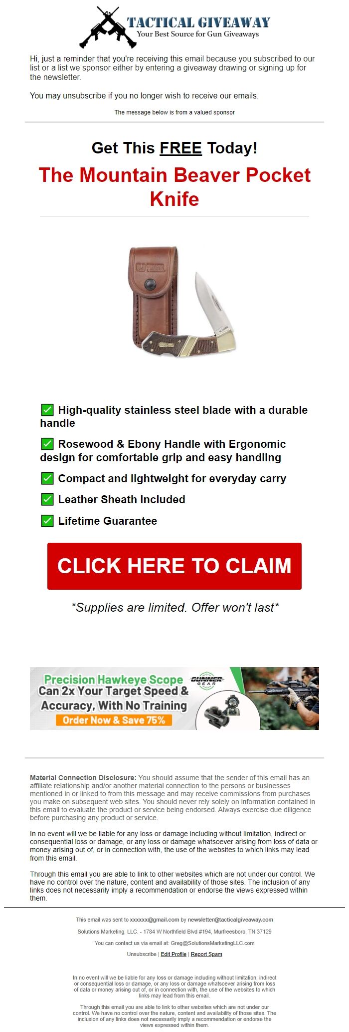 Screenshot of the email generated on import