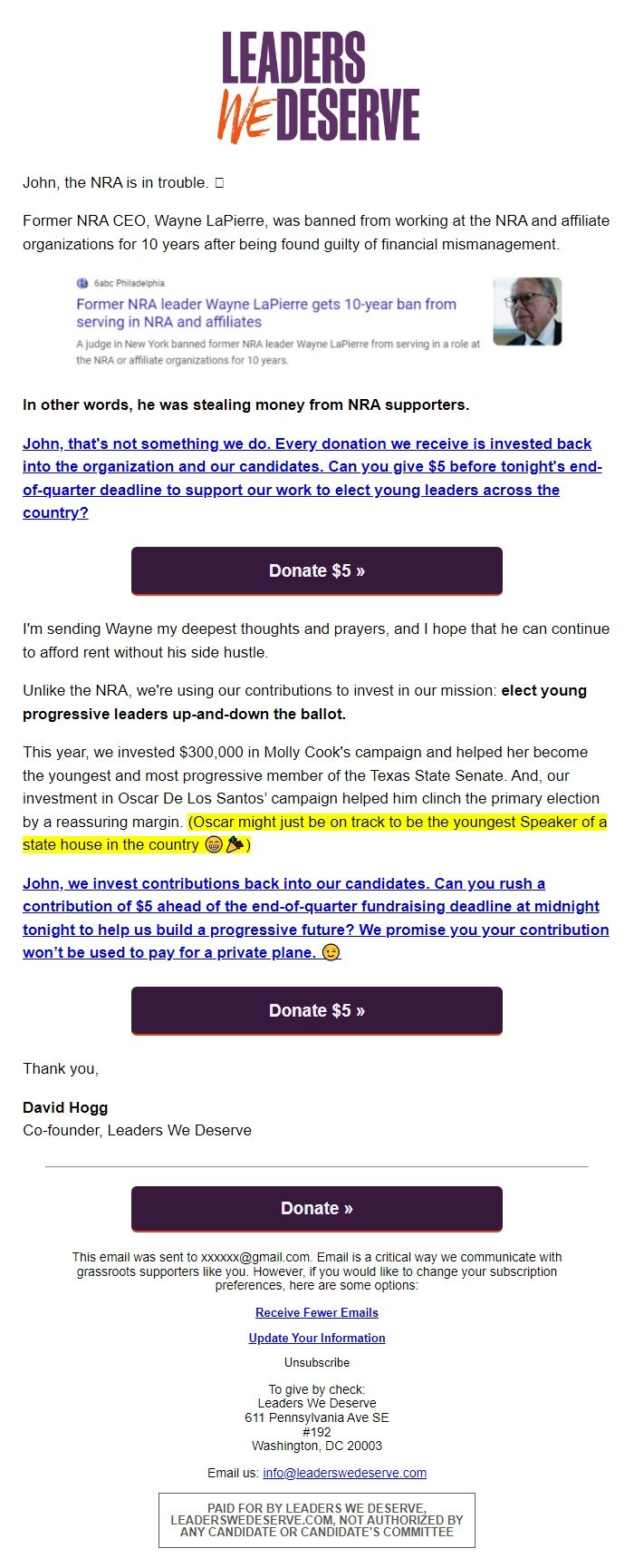Screenshot of the email generated on import