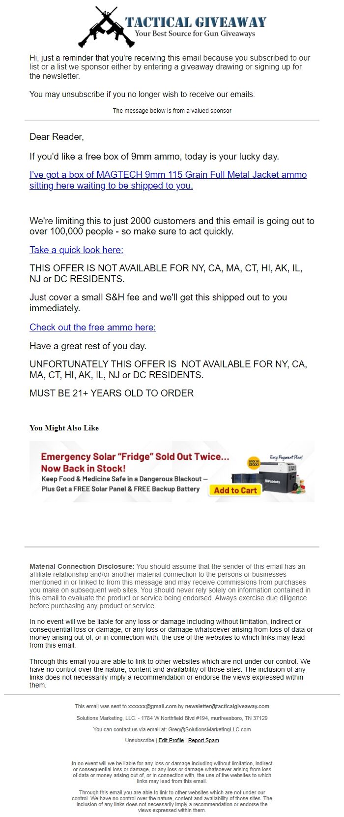 Screenshot of the email generated on import