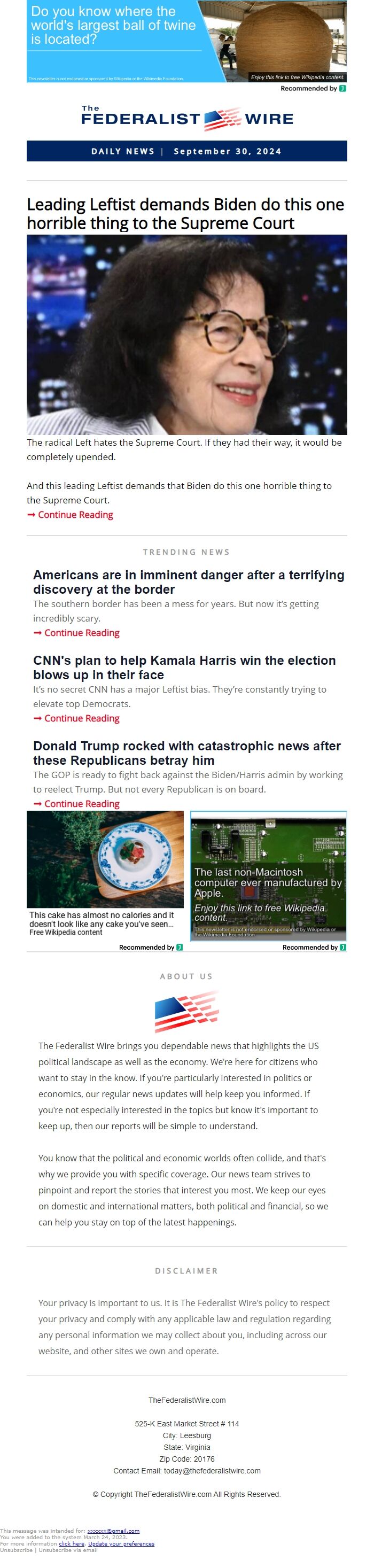 Screenshot of the email generated on import