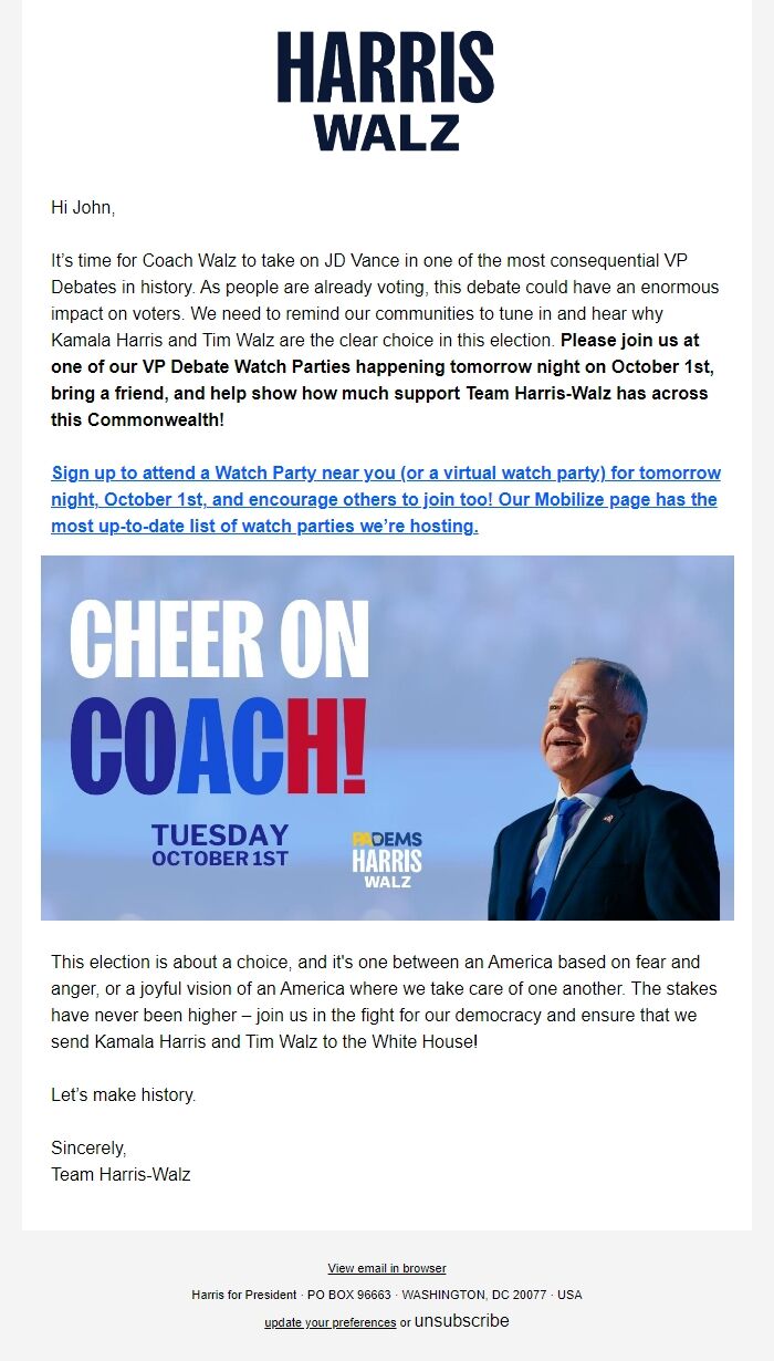 Screenshot of the email generated on import