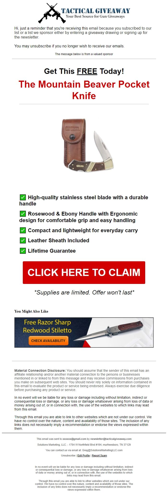 Screenshot of the email generated on import