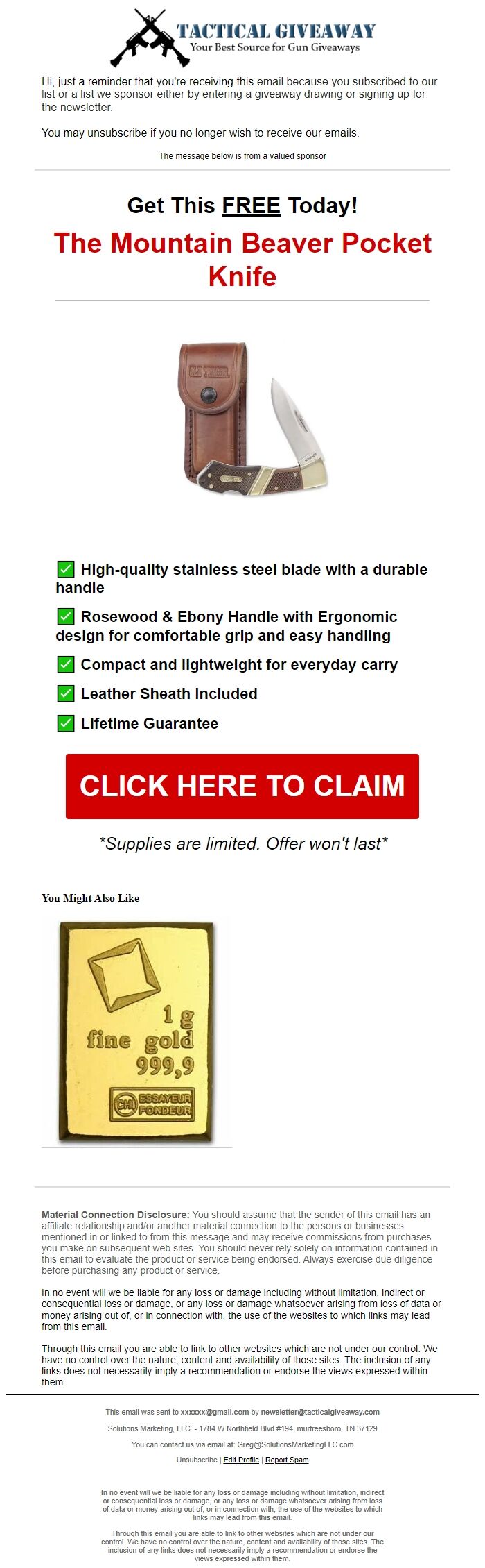 Screenshot of the email generated on import