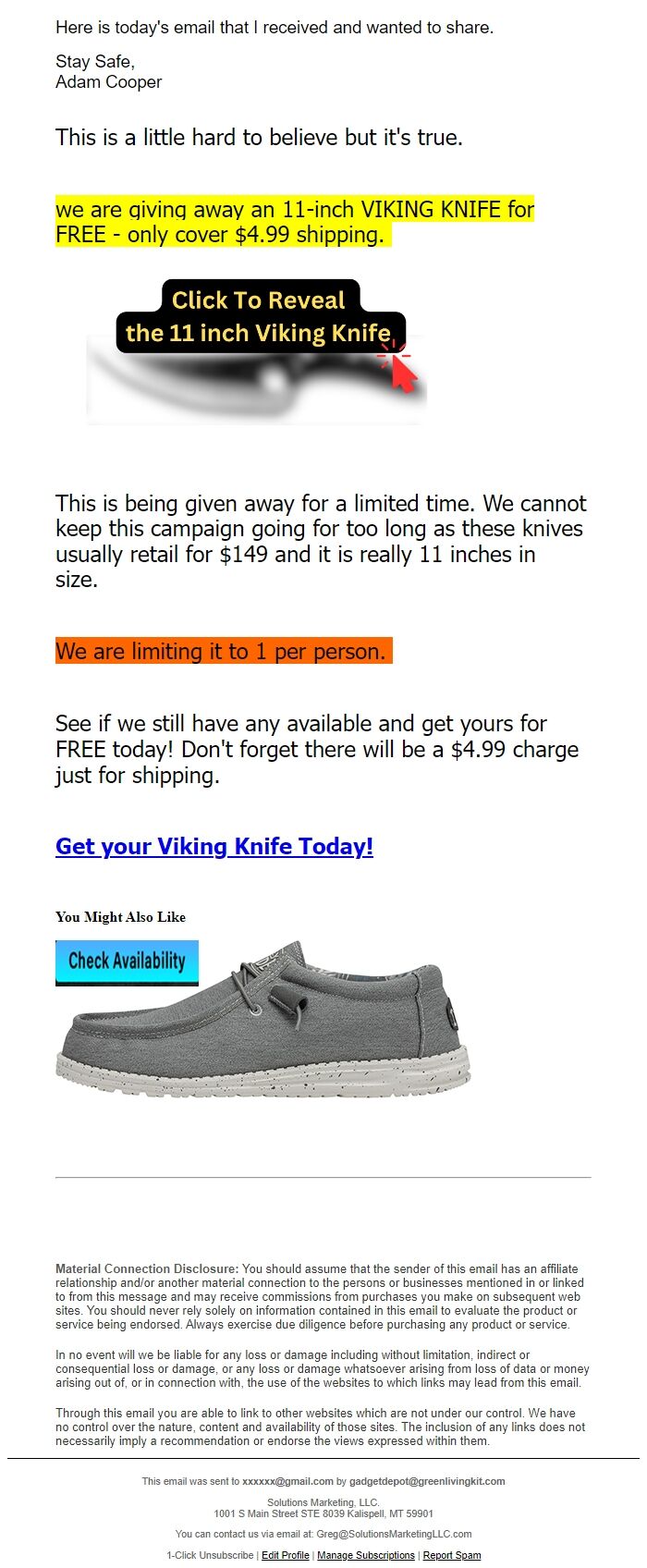 Screenshot of the email generated on import