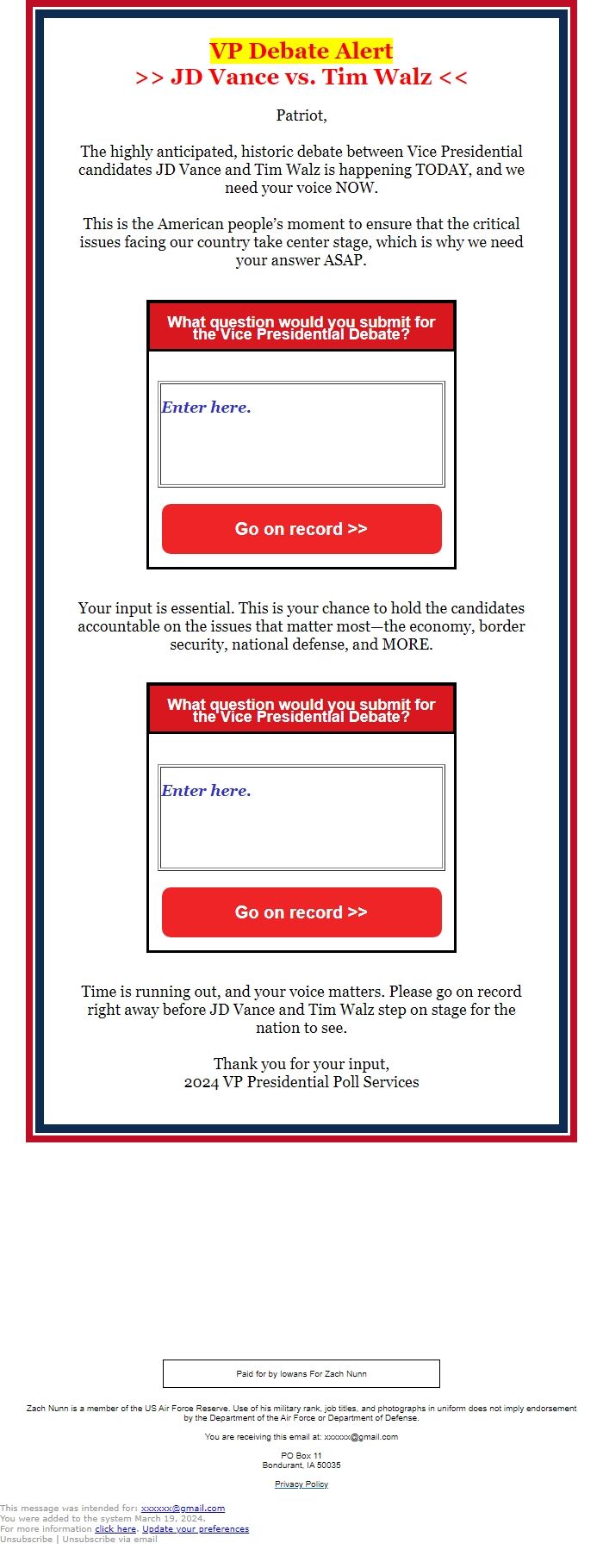 Screenshot of the email generated on import