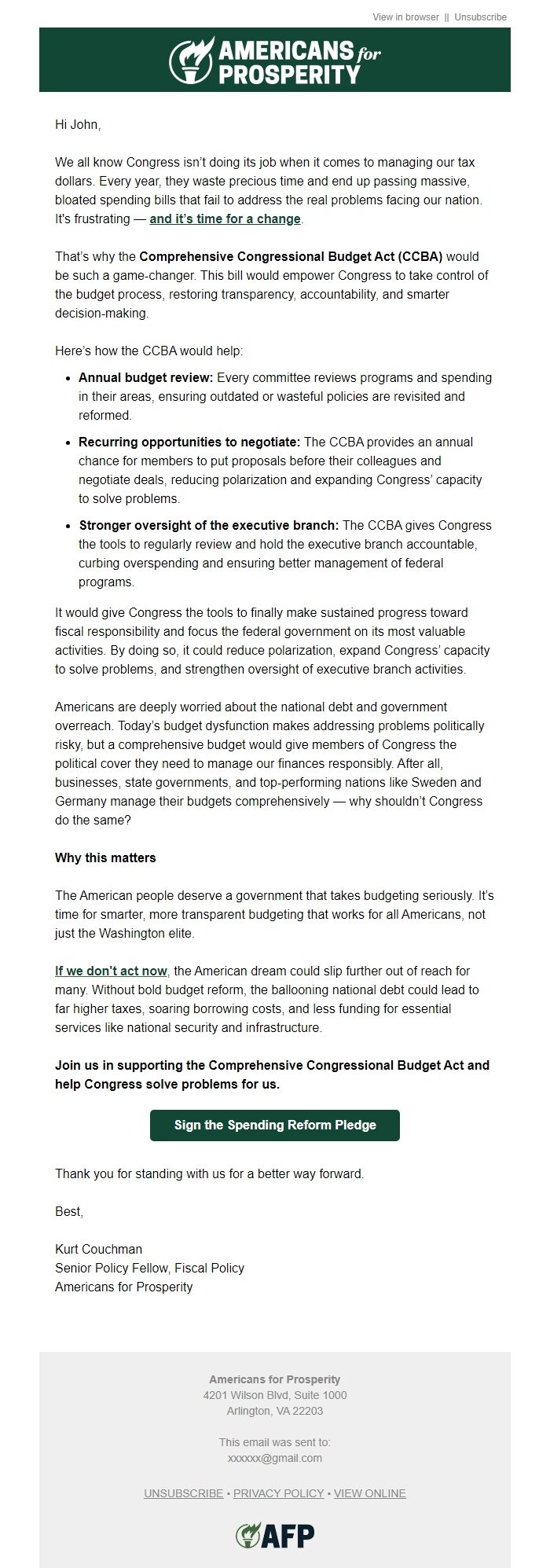Screenshot of the email generated on import