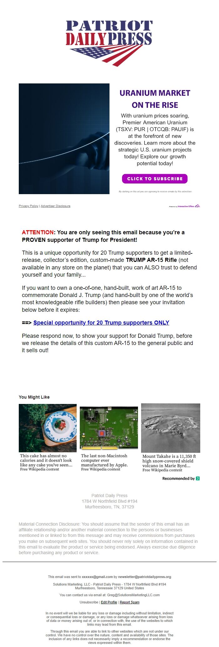 Screenshot of the email generated on import