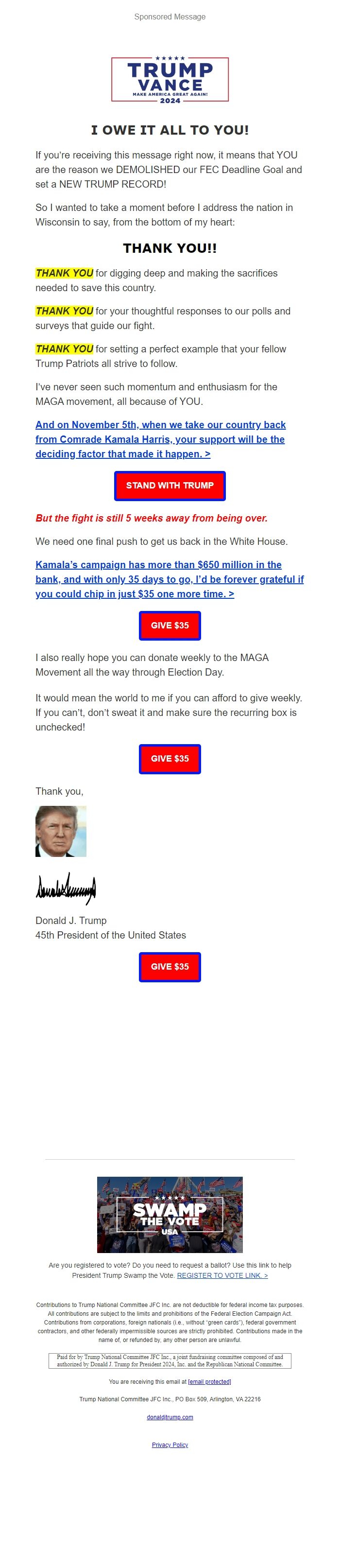 Screenshot of the email generated on import