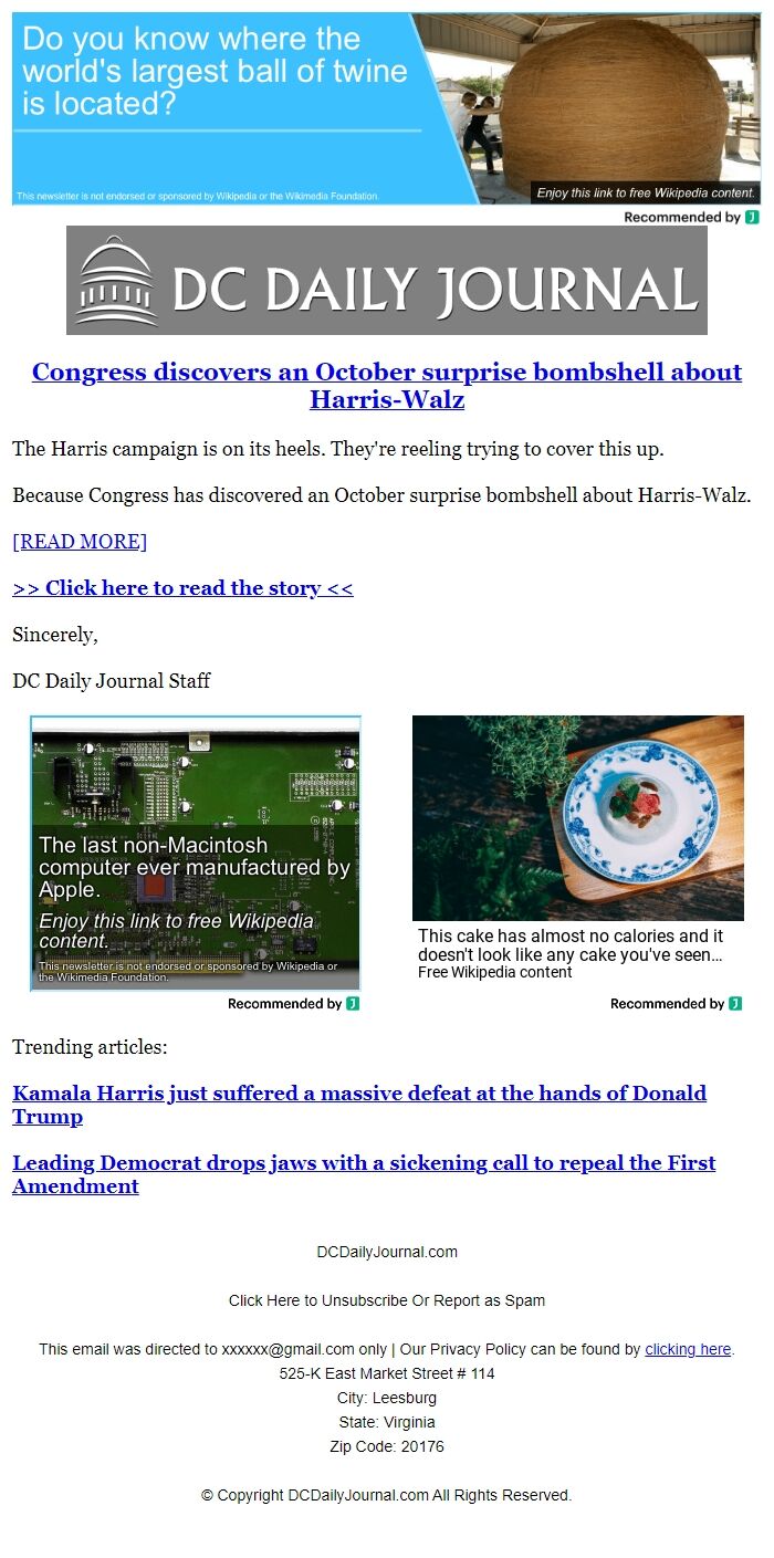 Screenshot of the email generated on import
