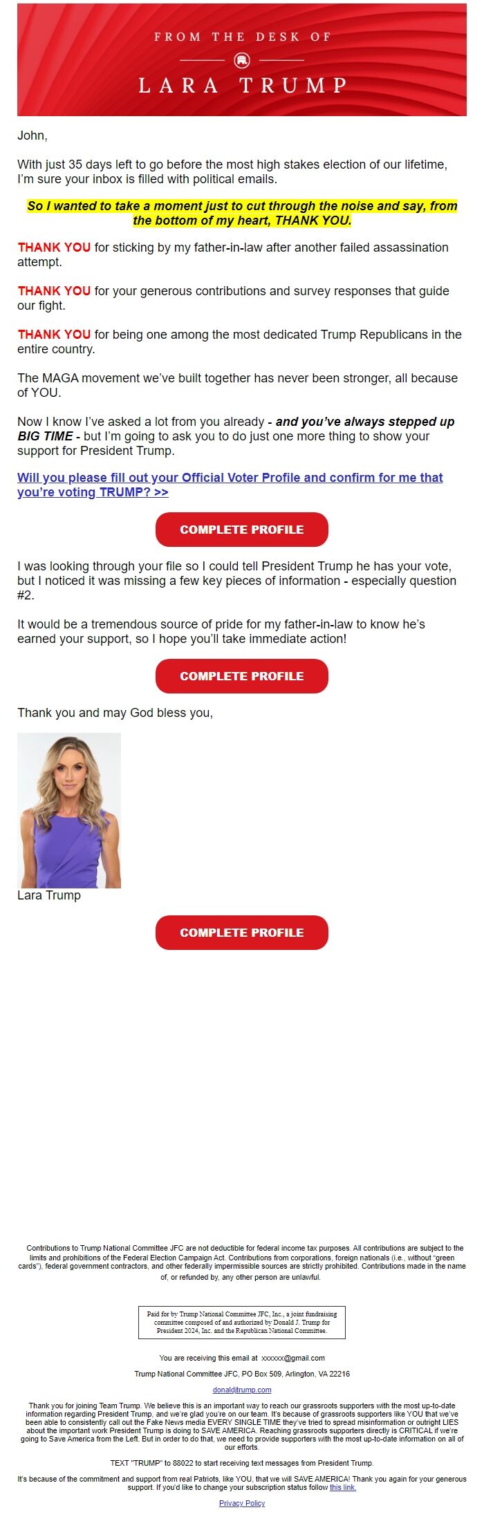 Screenshot of the email generated on import
