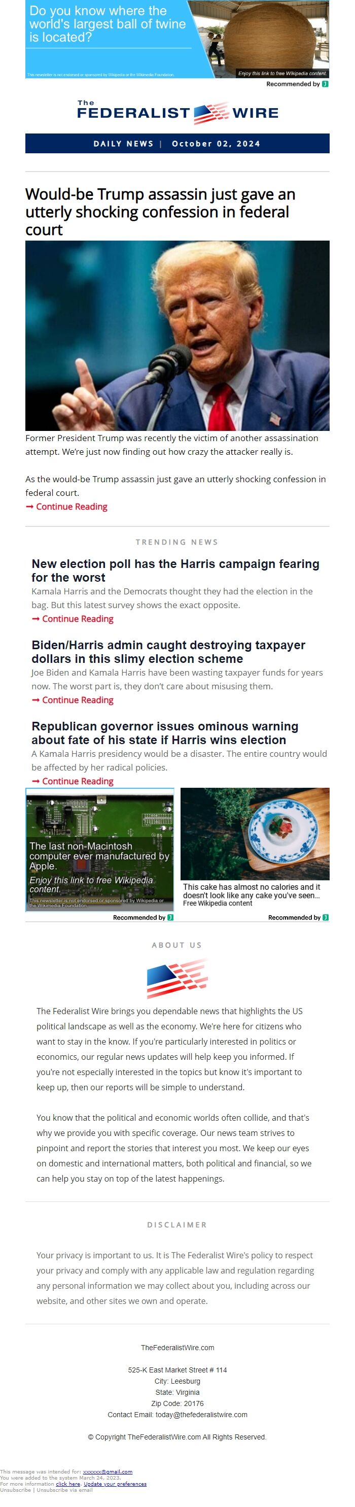 Screenshot of the email generated on import