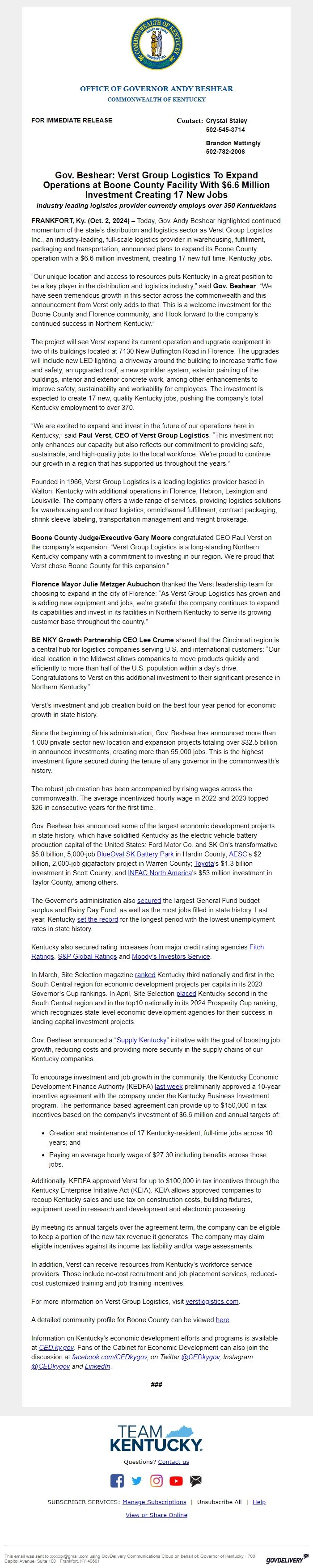 Screenshot of the email generated on import