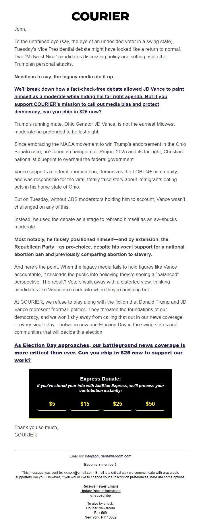 Screenshot of the email generated on import