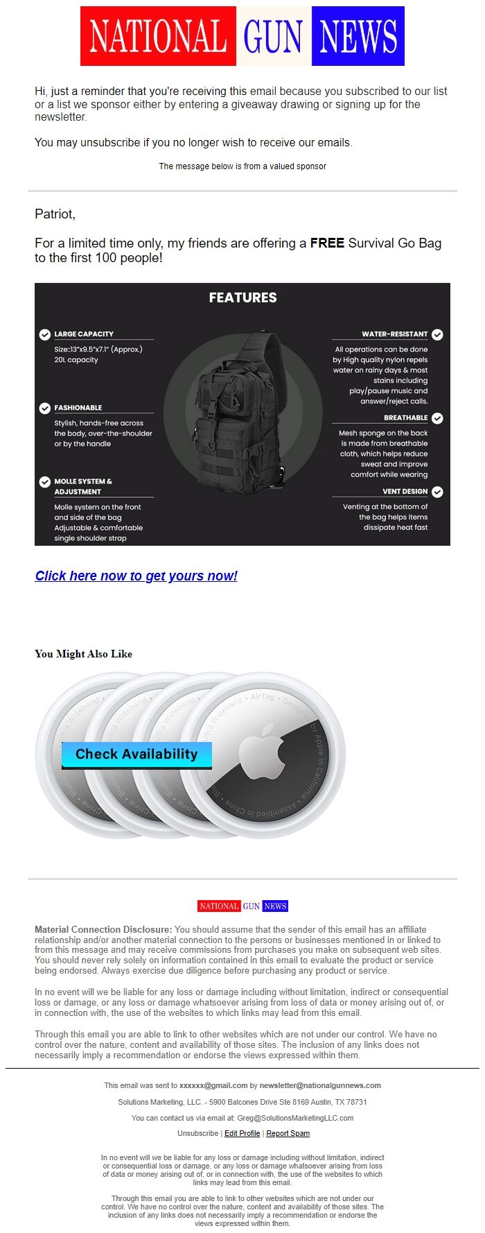 Screenshot of the email generated on import