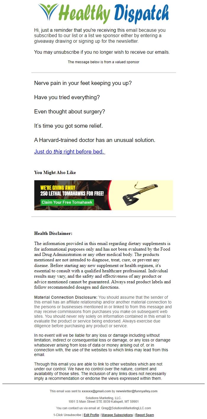 Screenshot of the email generated on import