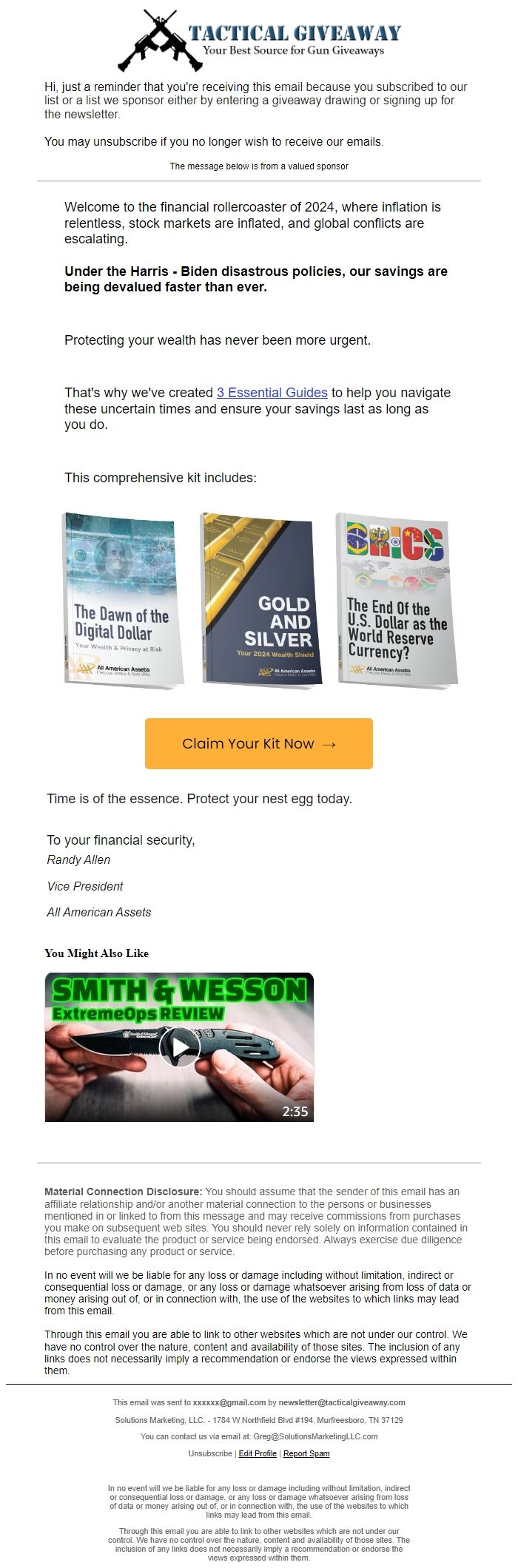 Screenshot of the email generated on import