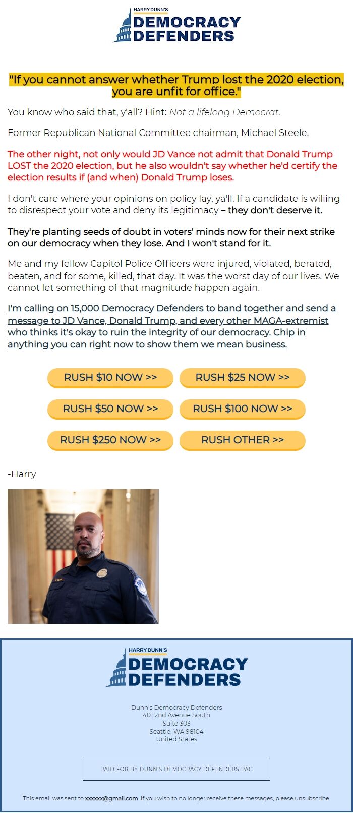 Screenshot of the email generated on import