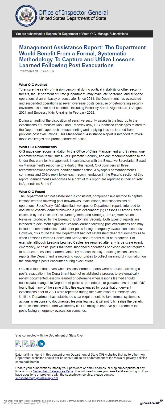 Screenshot of the email generated on import