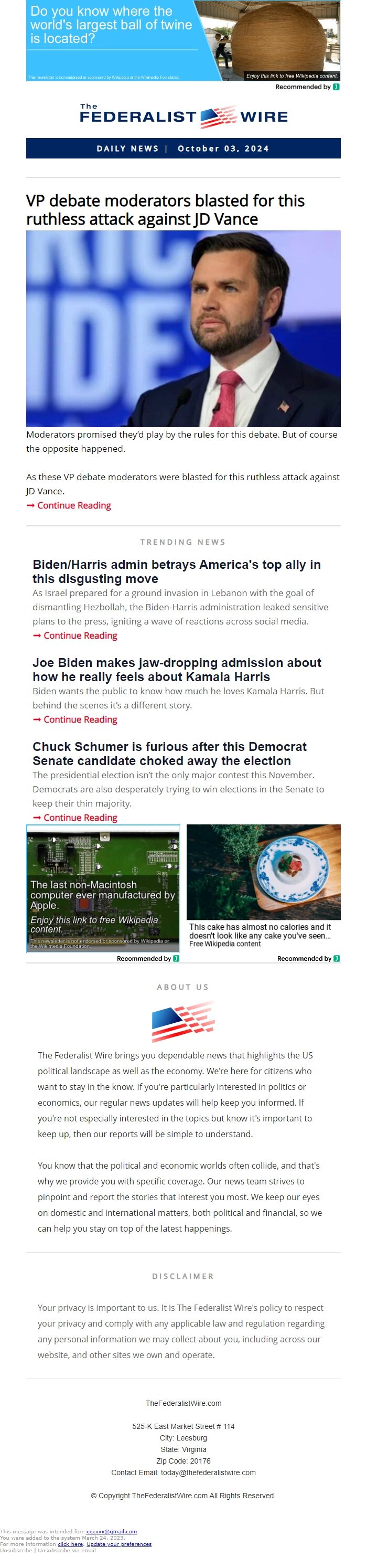 Screenshot of the email generated on import