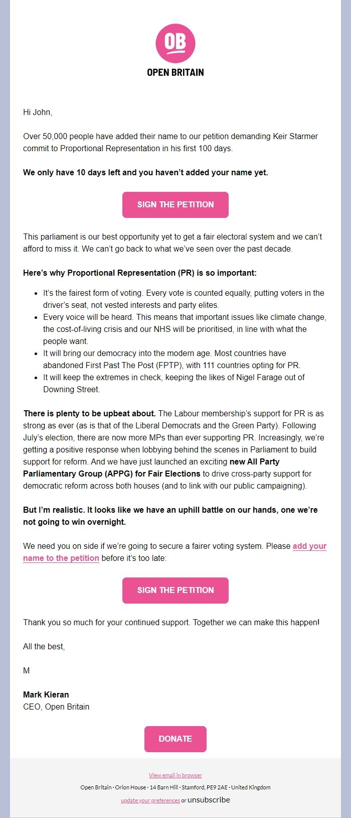 Screenshot of the email generated on import