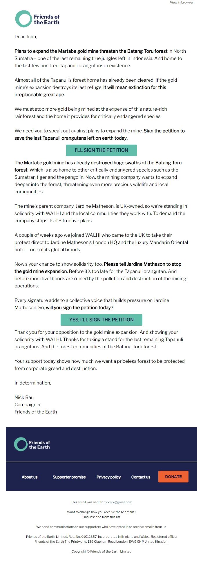 Screenshot of the email generated on import