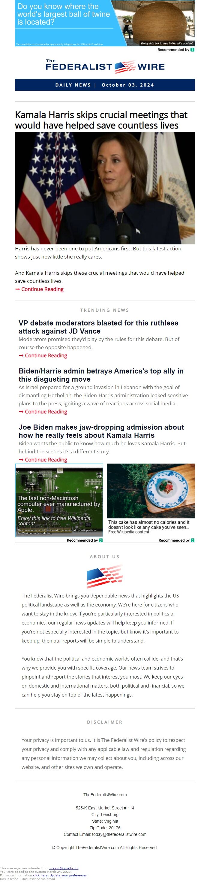 Screenshot of the email generated on import