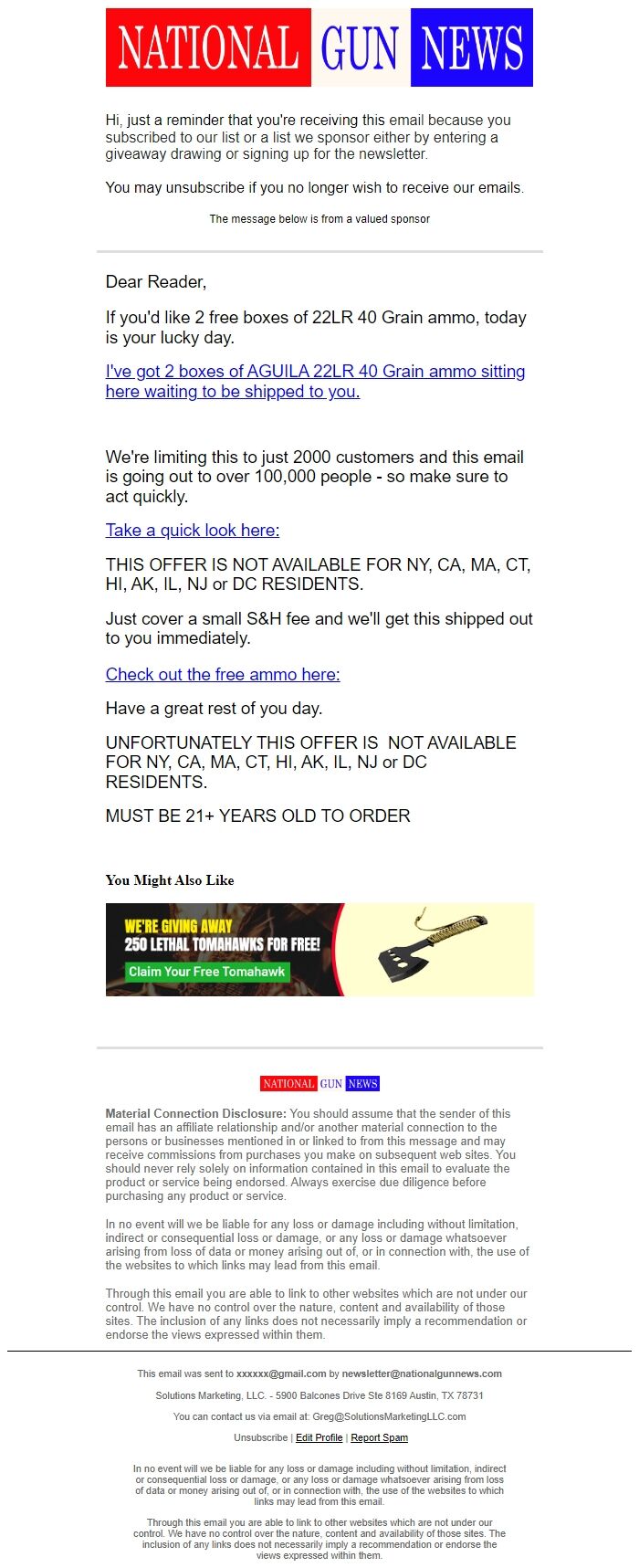 Screenshot of the email generated on import