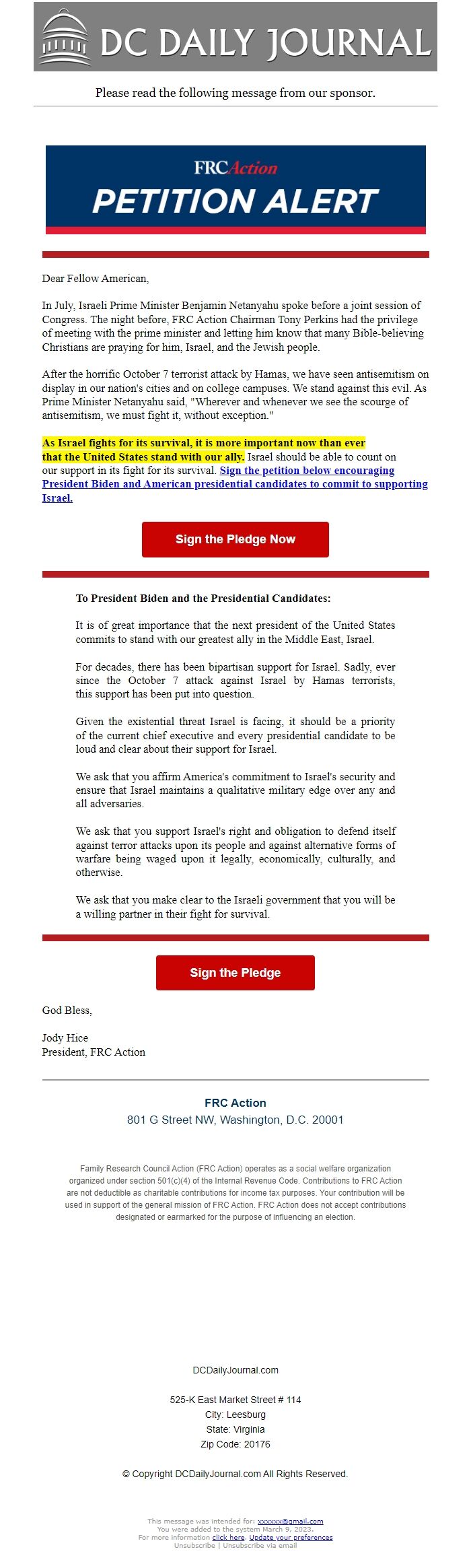 Screenshot of the email generated on import