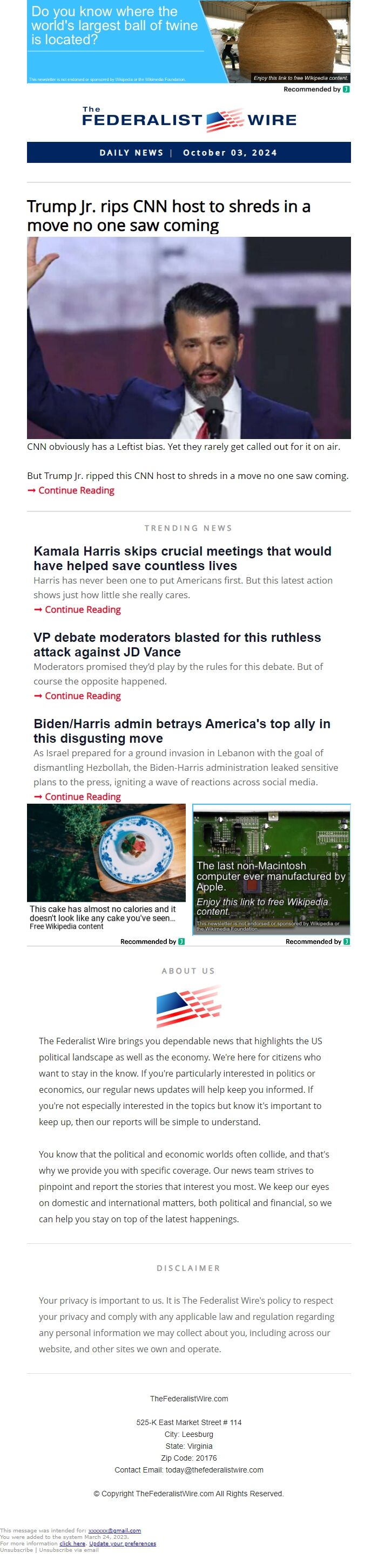 Screenshot of the email generated on import