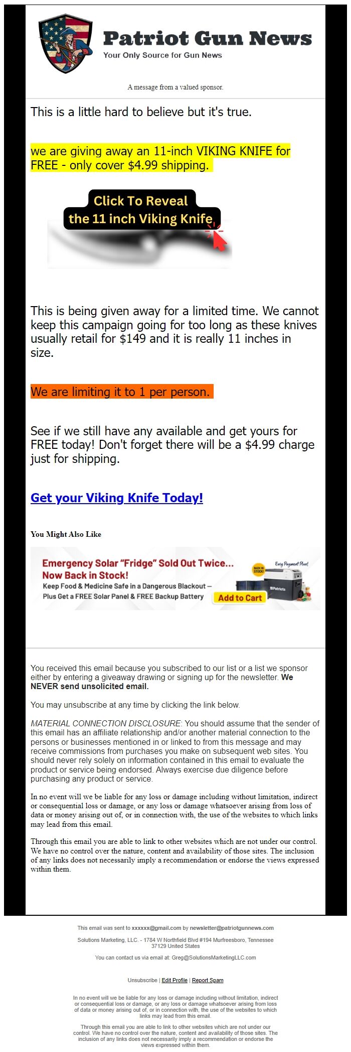 Screenshot of the email generated on import