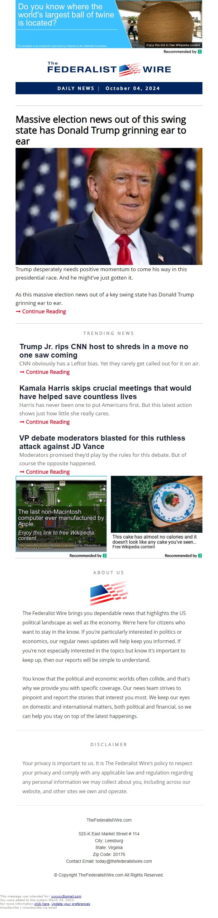 Screenshot of the email generated on import