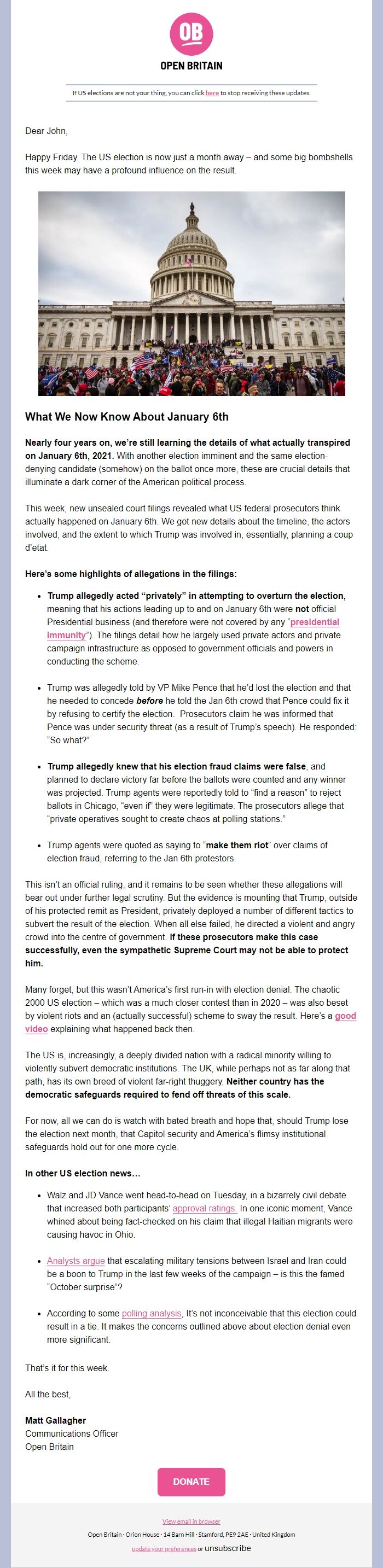 Screenshot of the email generated on import