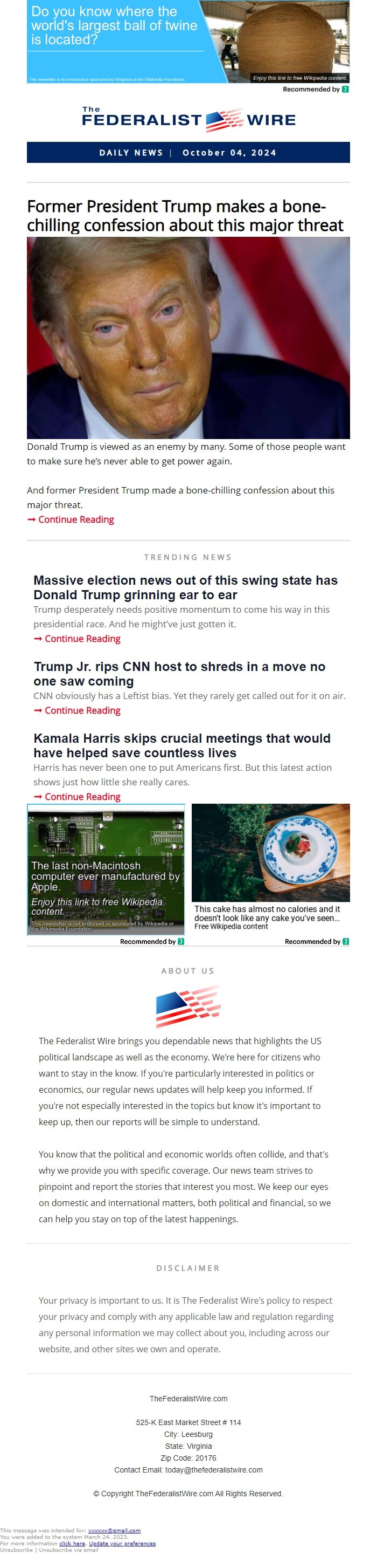 Screenshot of the email generated on import