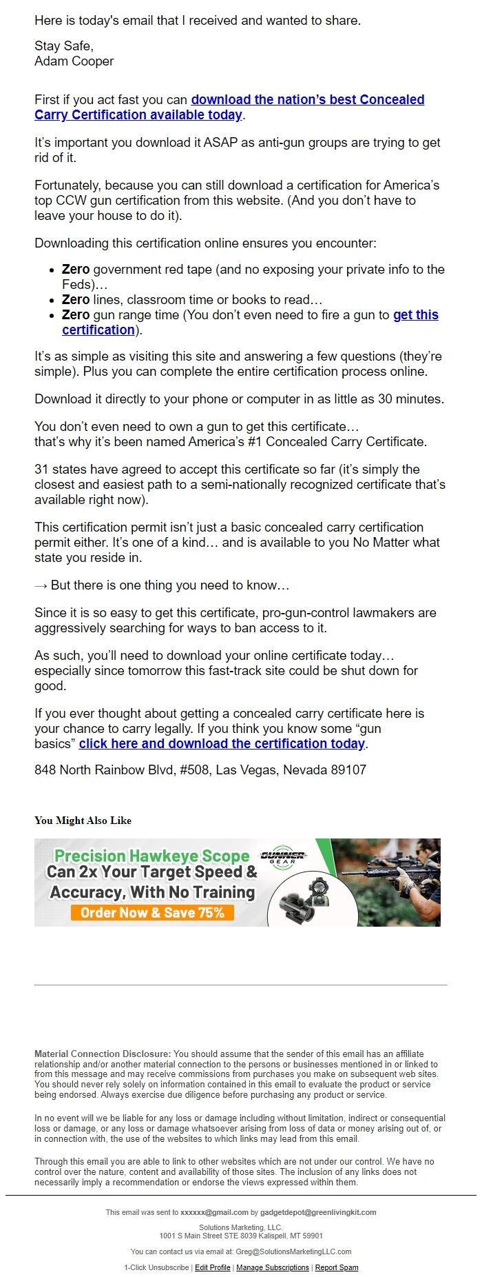 Screenshot of the email generated on import