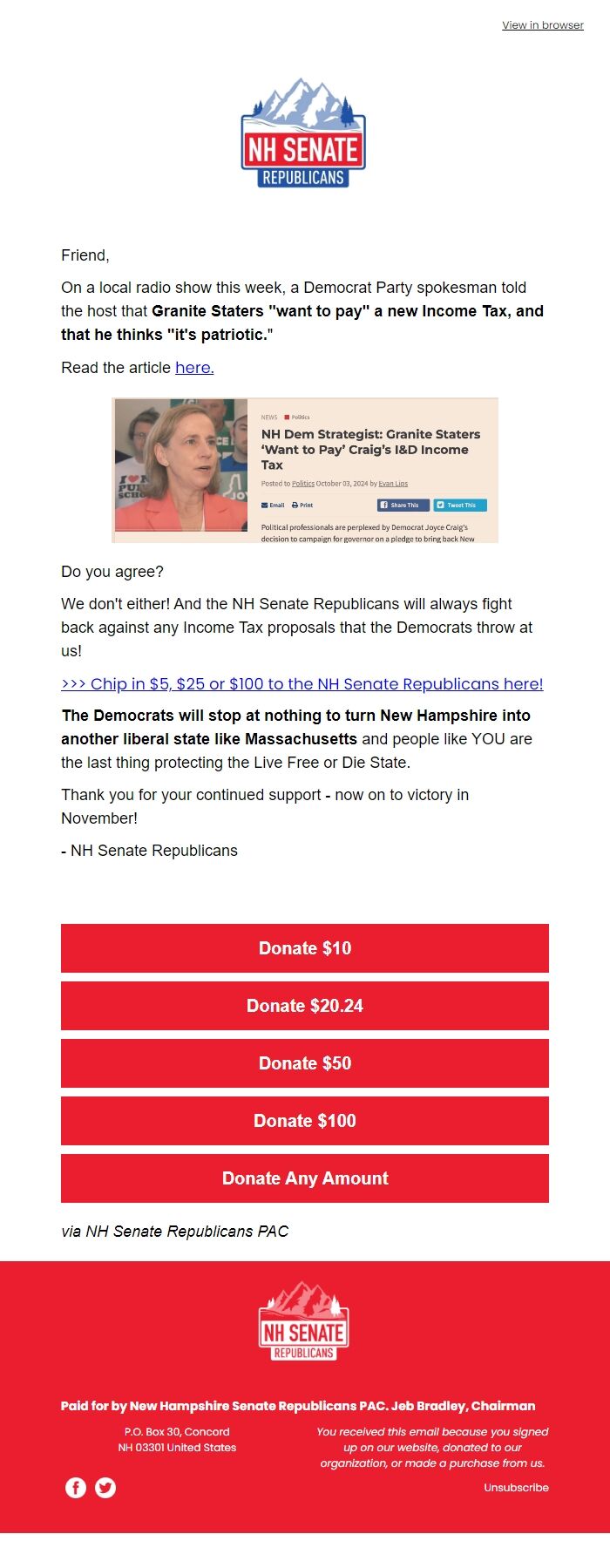 Screenshot of the email generated on import