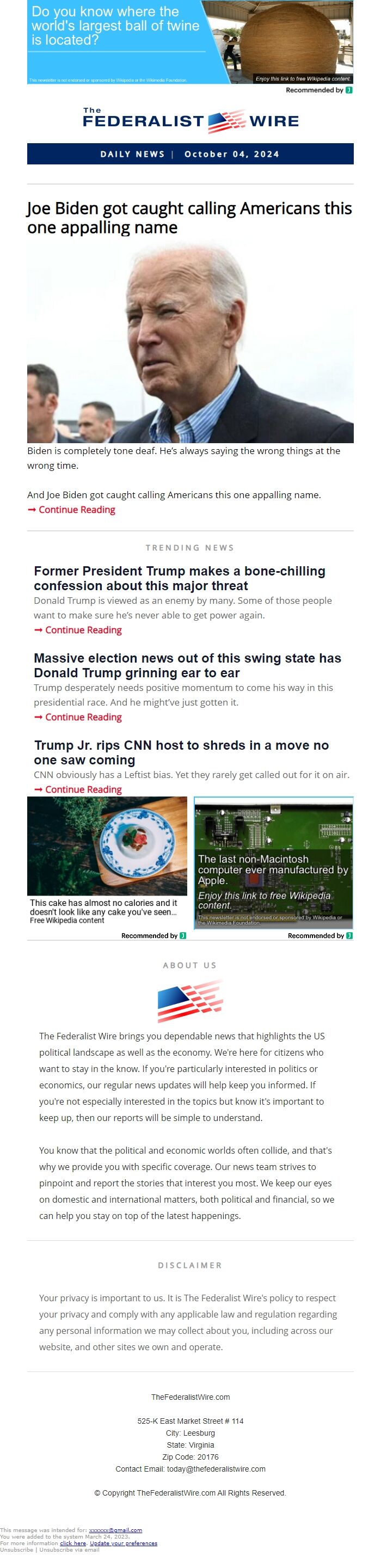 Screenshot of the email generated on import
