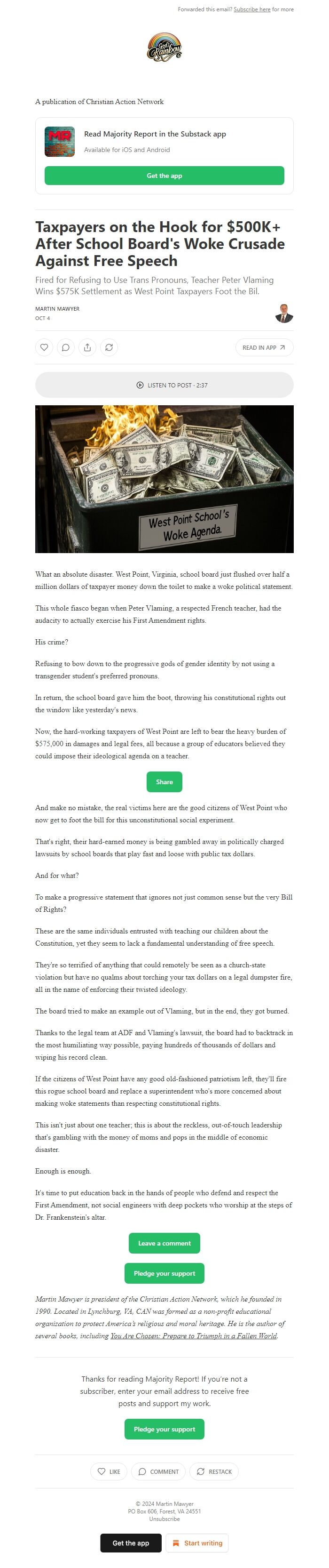 Screenshot of the email generated on import