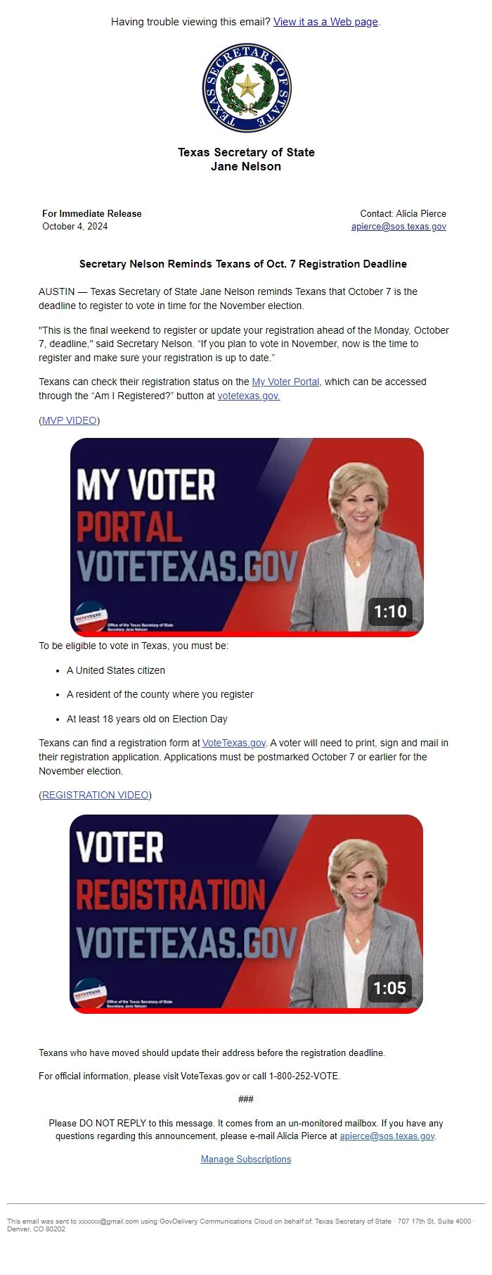 Screenshot of the email generated on import