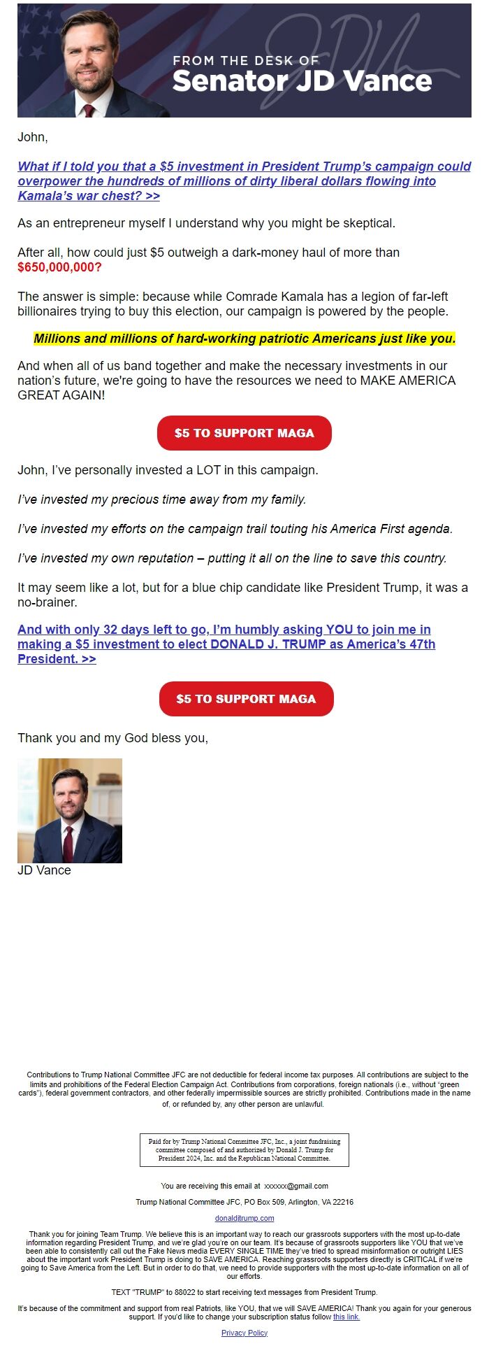 Screenshot of the email generated on import