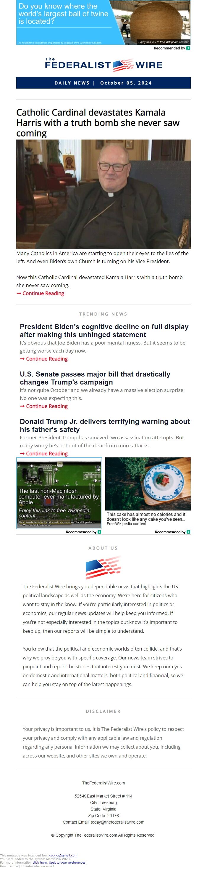 Screenshot of the email generated on import