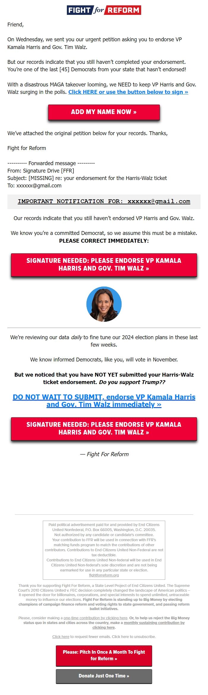 Screenshot of the email generated on import